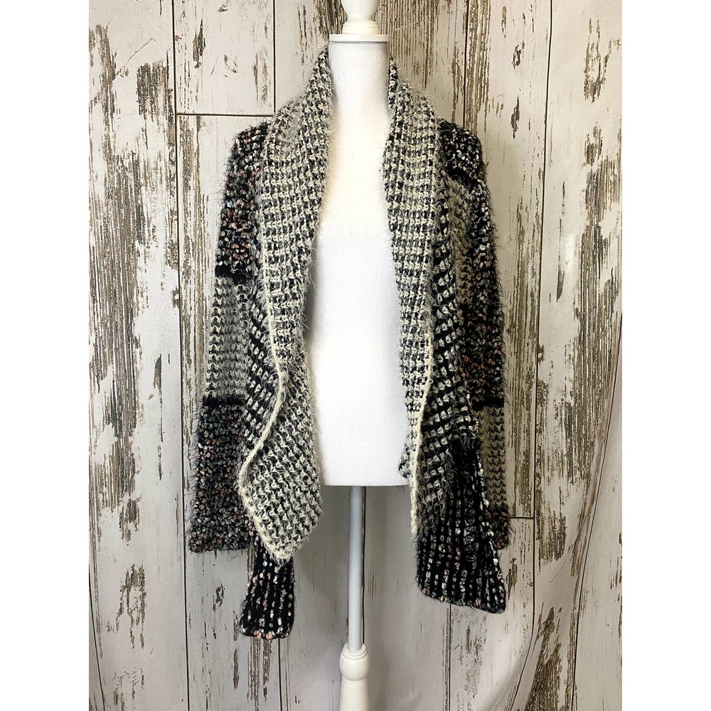Dor Dor Black, Muted Teal & Pink Tunic Length Cozy Fuzzy Cardigan